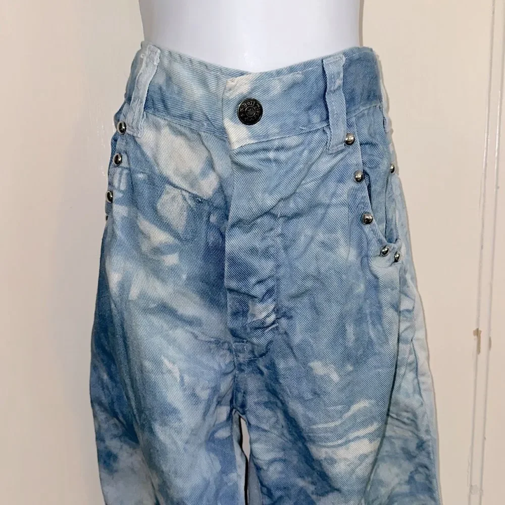 Vintage 70s Mambro Girls Blue Tie-Dye Bell Bottom Cuffed Jeans with Silver Studs